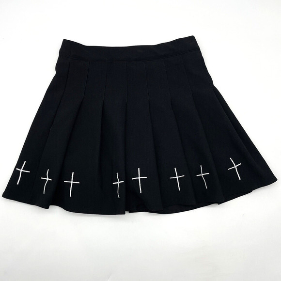 XMM Goth Cheer Black Stretch High Waisted Pleated Crosses Mini Skort S 12.5"x14" - Picture 15 of 16